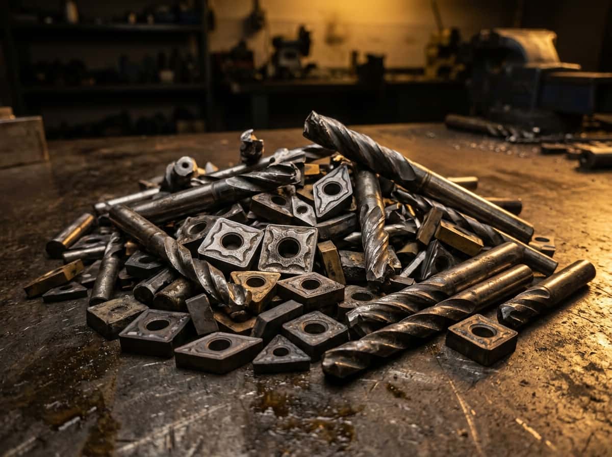 Tungsten Carbide Scrap heap showing inserts, drills, and end mills