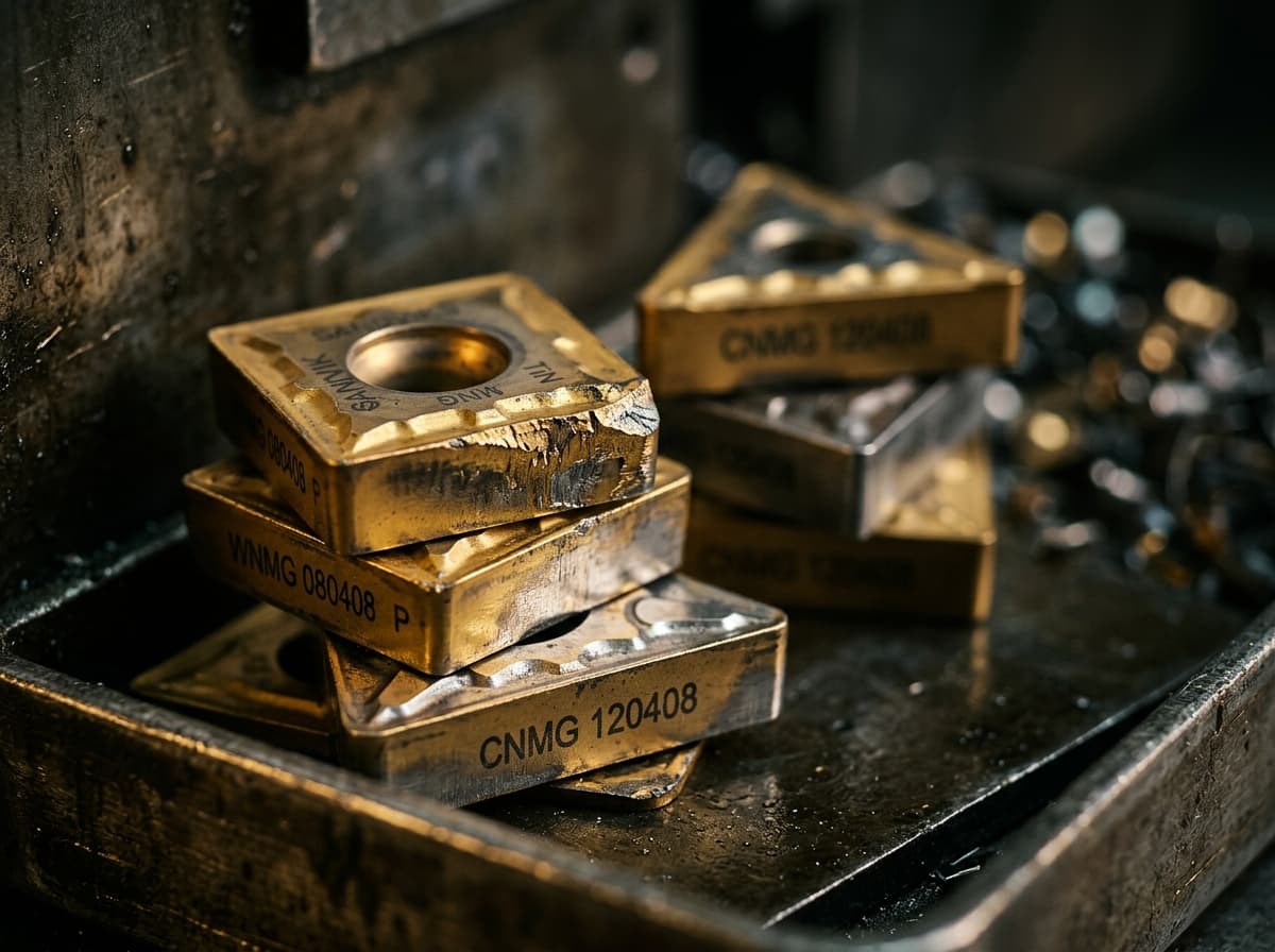 Scrap tungsten carbide indexable inserts stacked in a tray